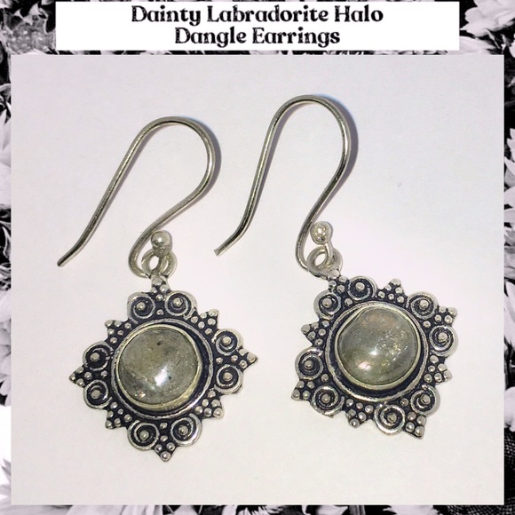 Dainty Labradorite Gemstone Handmade Halo Earrings - Picture 2 of 3